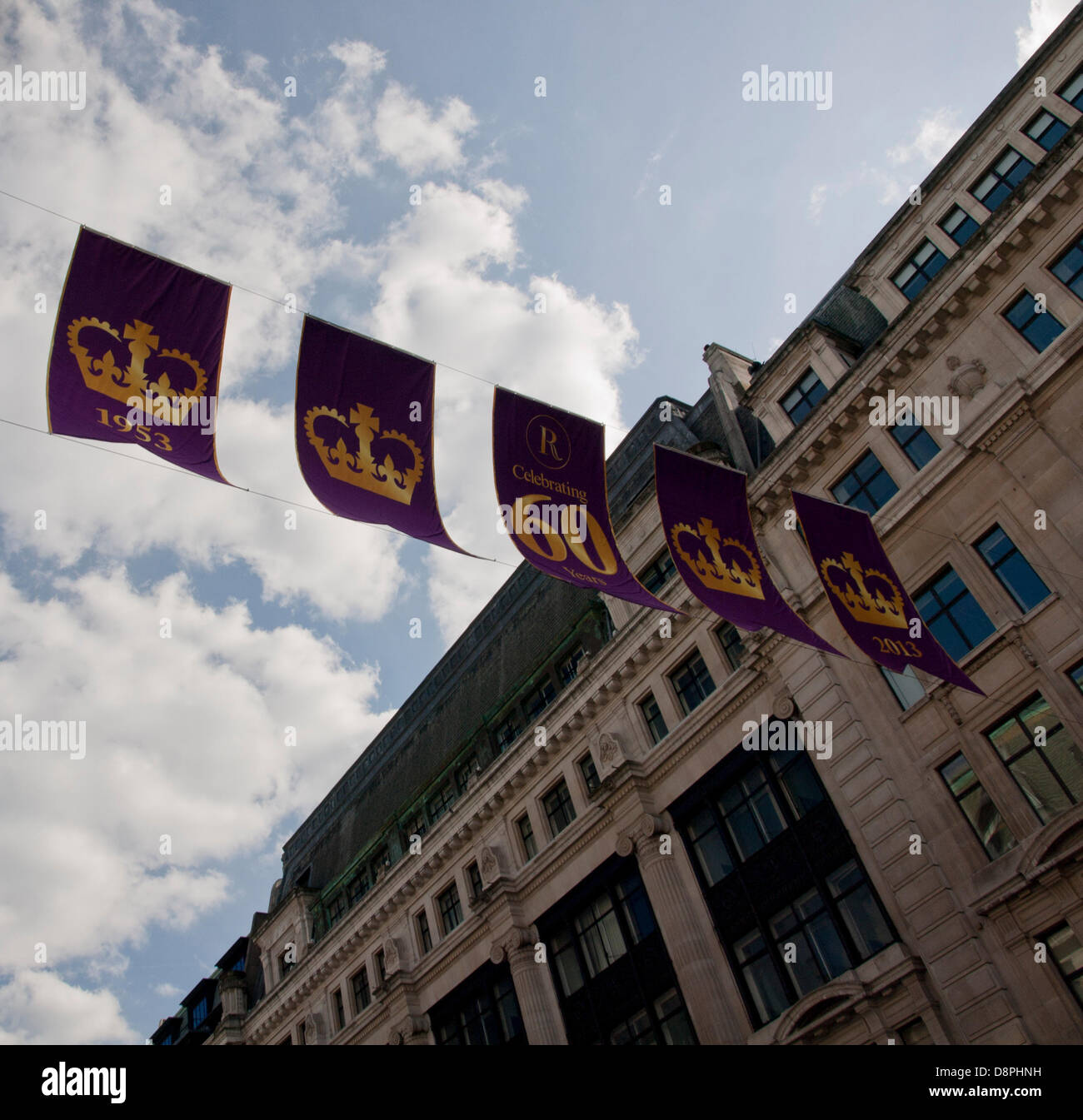 London, UK. 2nd June 2013. Display of purple and gold flags on Regent ...