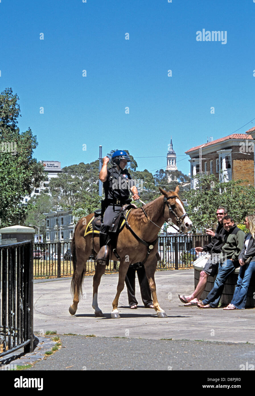 San Francisco mounted police patrol entrance to Golden gate Park on