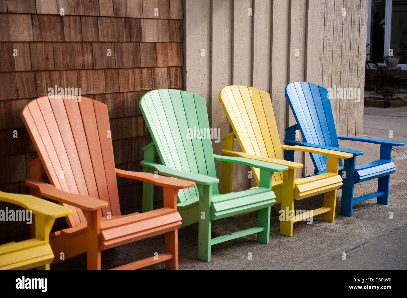 Colorful Adirondack style chairs , Fire Island, New York 
