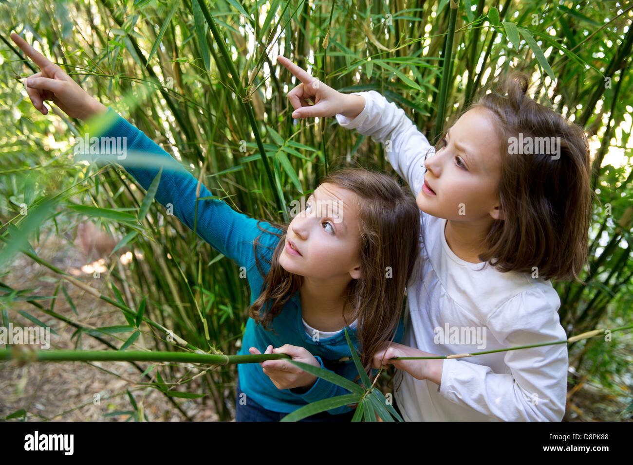 sister twin girls playing in nature pointing finger from green canes Stock Photo