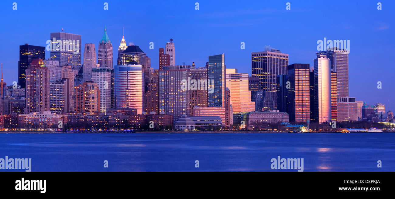 Panoramic view of the Manhattan, New York City, NY skyline at dusk ...