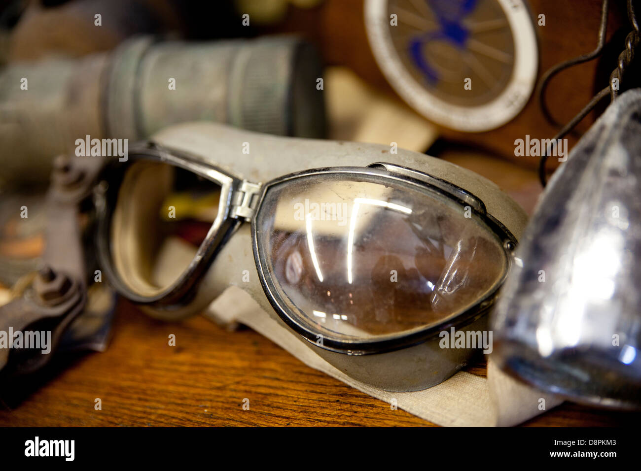 Close up horizontal photograph of old motorcycle goggles Stock Photo