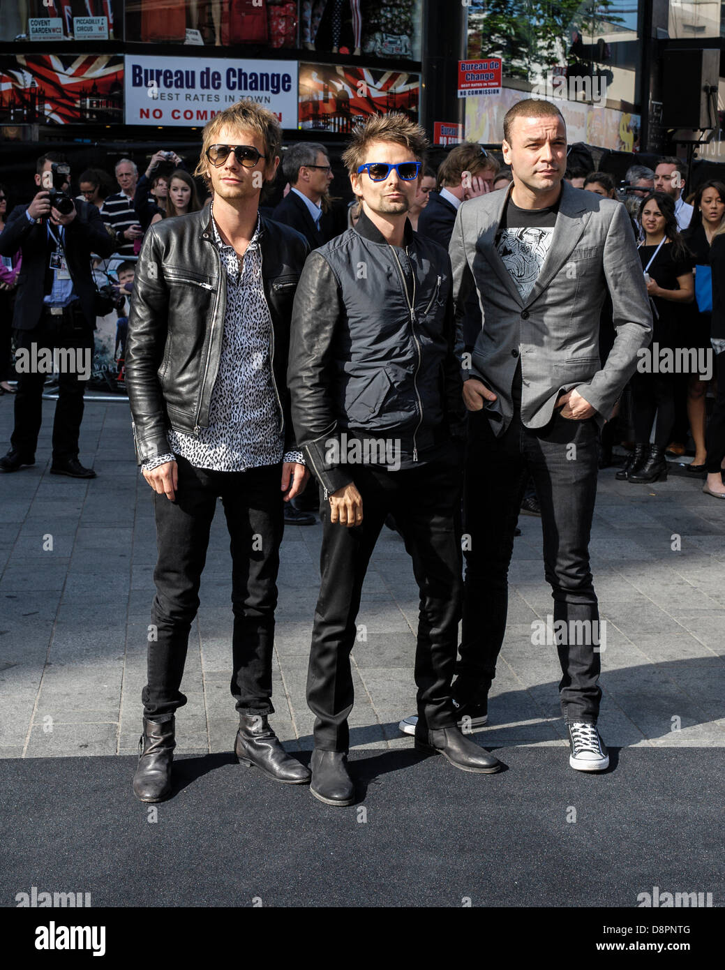 London, UK. 2nd June, 2013. Muse attends the World Premiere of World War Z at The Empire Leicester Square, London. Persons pictured: Dominic Howard, Matthew Bellamy, Chris Wolstenholme. Picture by Julie Edwards Stock Photo