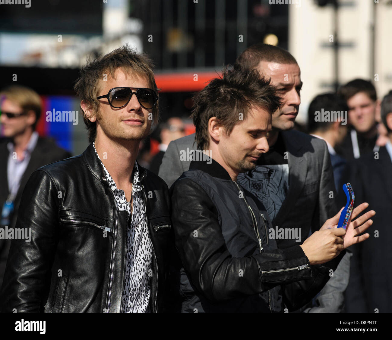 London, UK. 2nd June, 2013. Muse attends the World Premiere of World War Z at The Empire Leicester Square, London. Persons pictured: Dominic Howard, Matthew Bellamy, Chris Wolstenholme. Picture by Julie Edwards Stock Photo