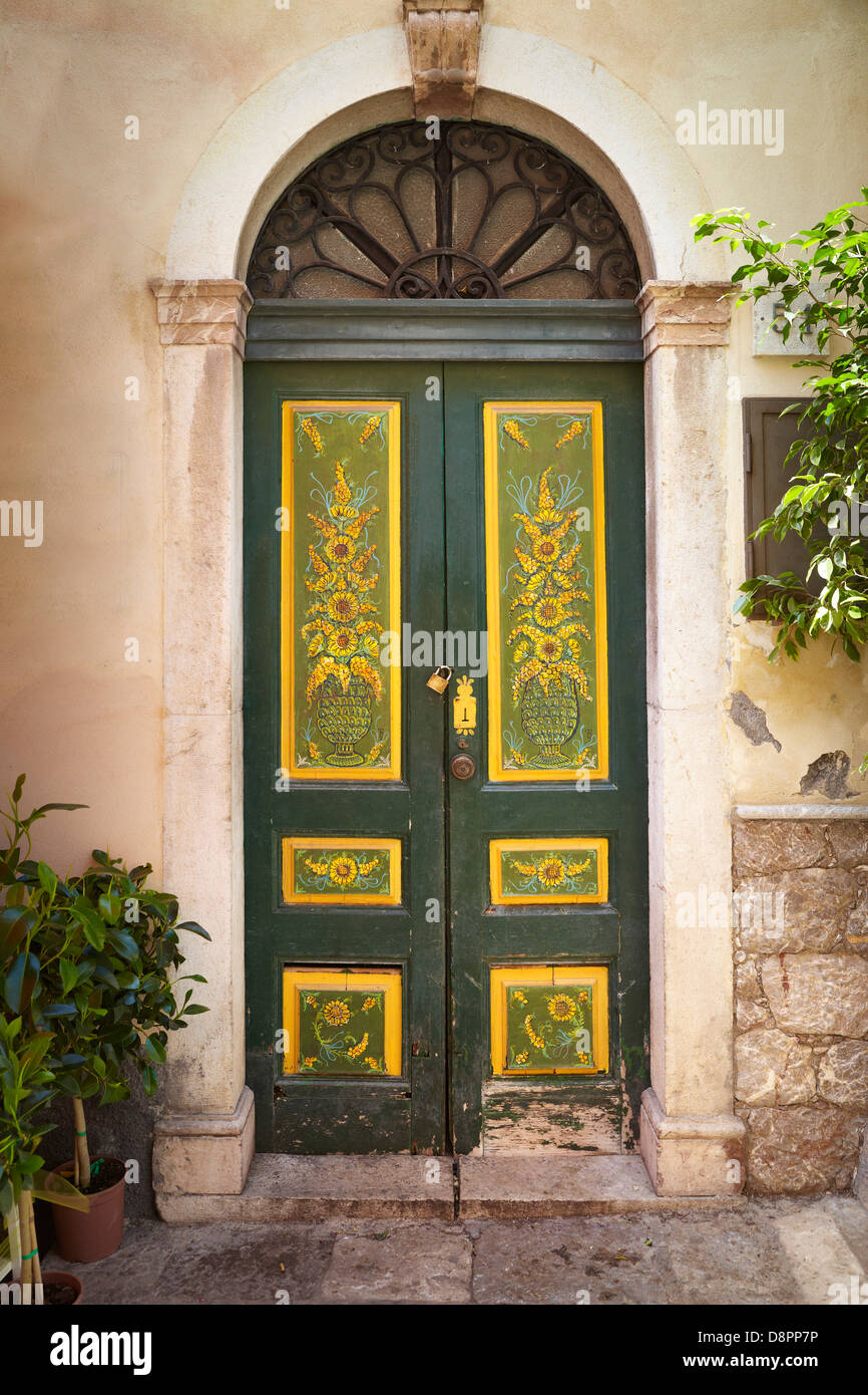 Art decorated door, Old Town in Taormina, Sicily, Italy Stock Photo