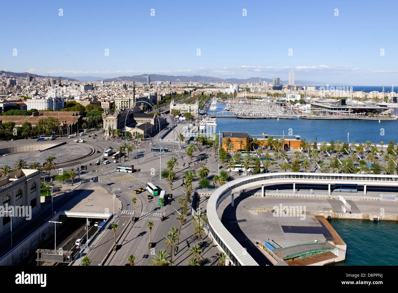 Aerial View, Rambla de Mar, Port Vell, Port, Barcelona, Spain Stock Photo