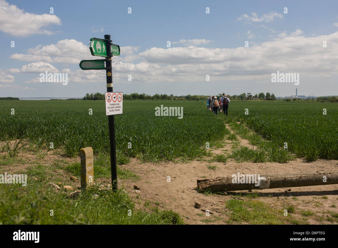 A remote signpost showing the Saxon Shore Way near Halstow on the Kent Thames estuary marshes, potentially threatened by a future London estuary airport. Stock Photo