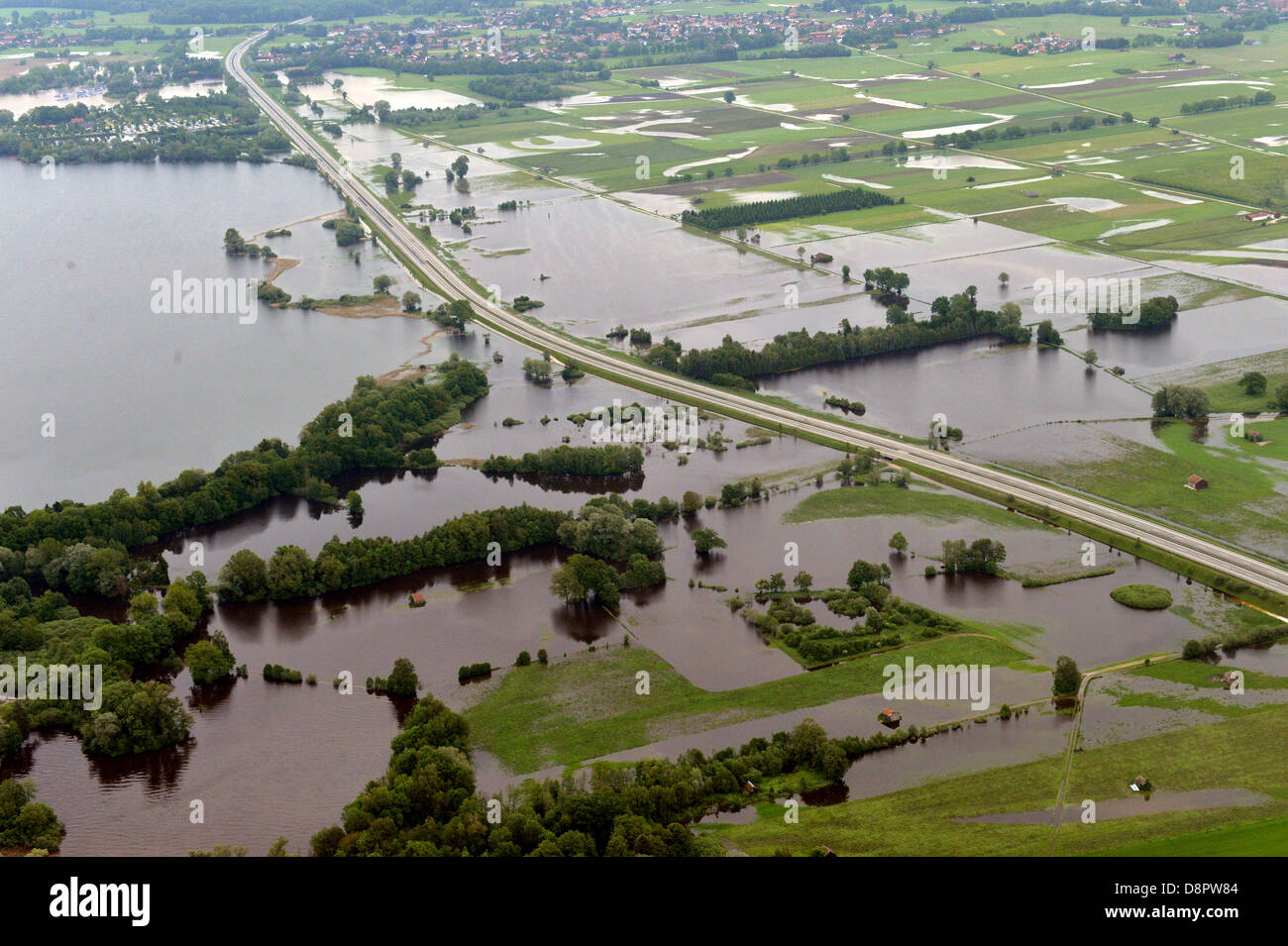 Kolbermoor, Germany. 3rd June 2013. The land and Autobahn A8 are flooded around Kolbermoor, Germany, 03 June 2013. Heavy rains are causing serious flooding in Bavaria and other areas of Germany. Photo: PETER KNEFFEL/dpa/Alamy Live News Stock Photo