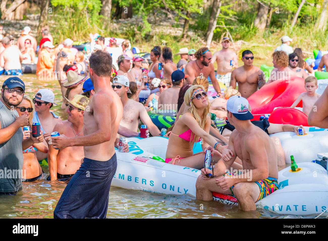 River Tubing Party on Memorial Day weekend 2013, Concan, Texas, USA Stock Photo