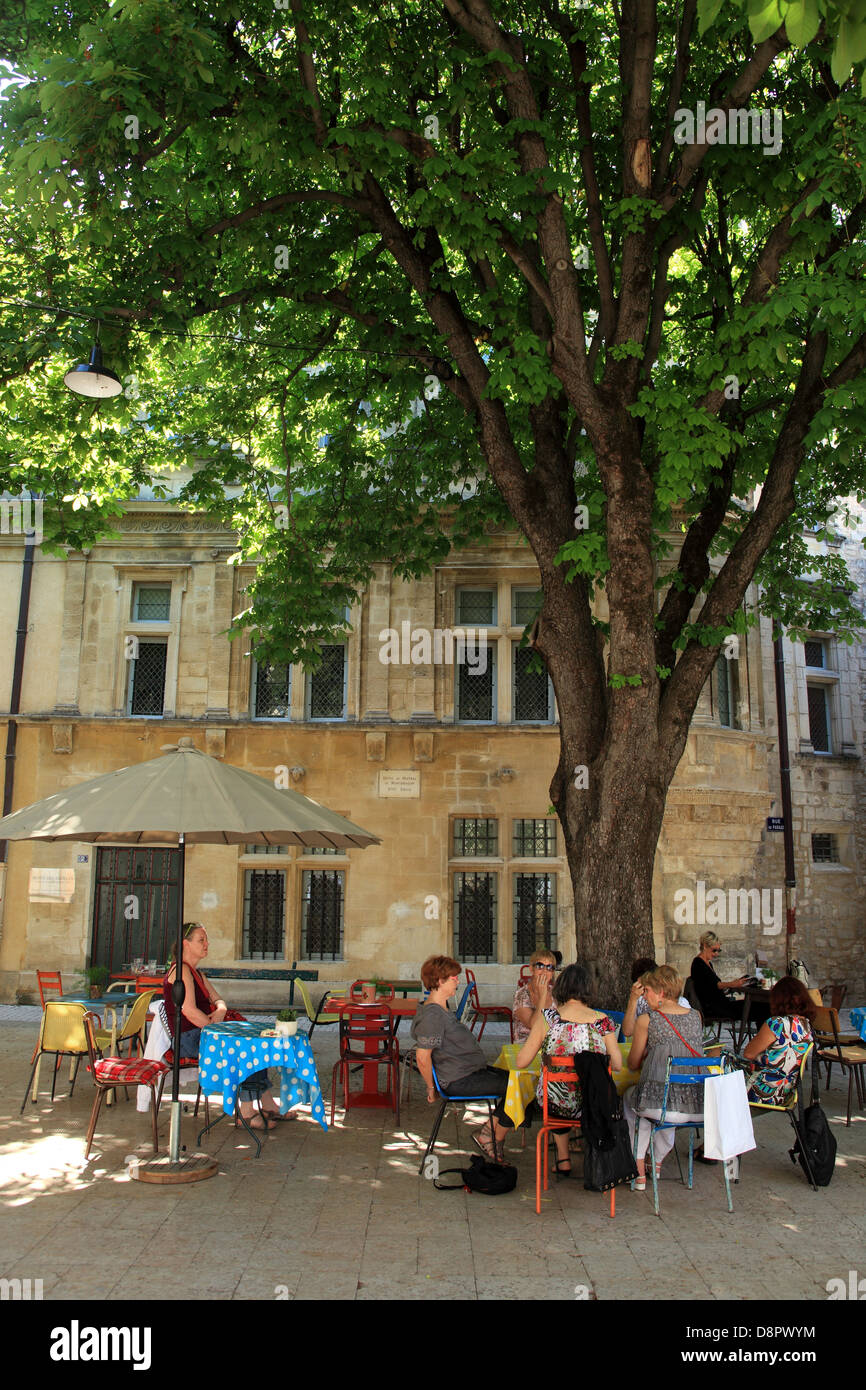 People having drinks to the shade of a centenary sycamore in Saint Remy de Provence. Stock Photo