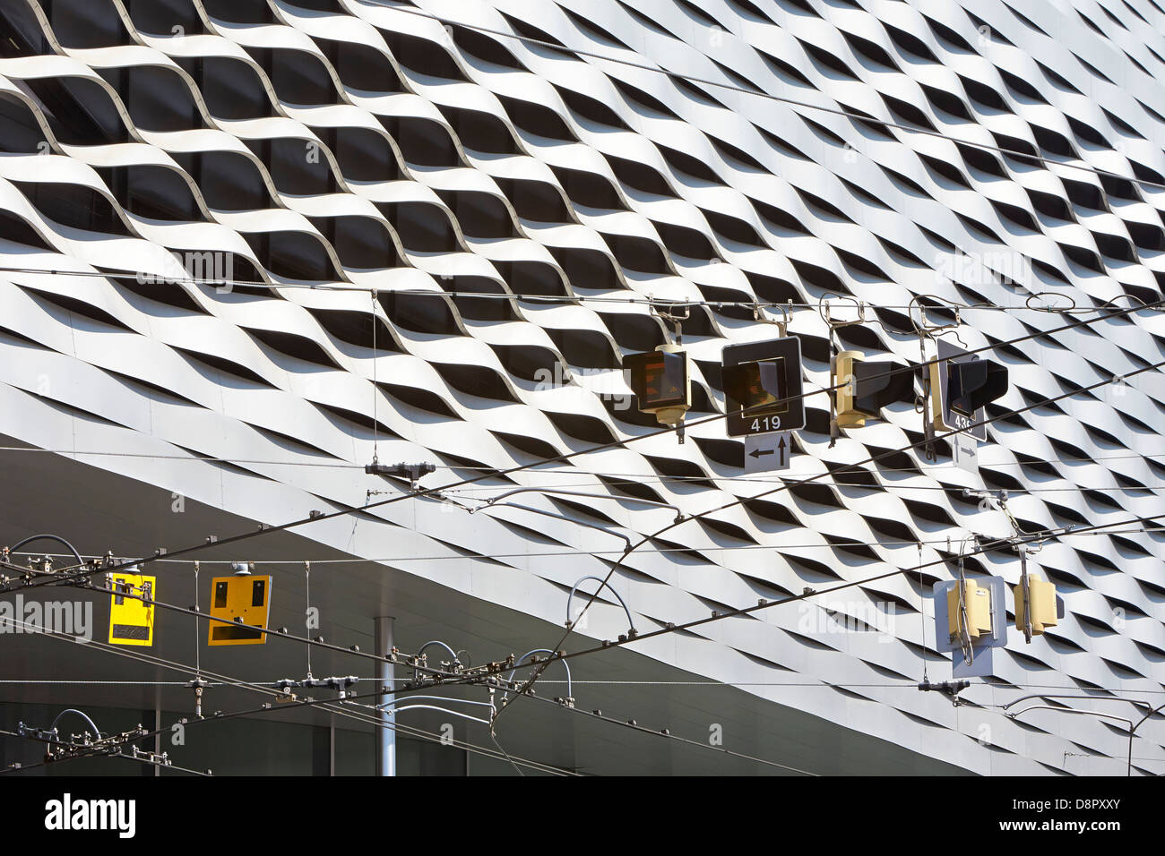 Messe Basel - New Messe Hall, Basel, Switzerland. Architect: Herzog & de Meuron, 2013. Detailed view upwards to aluminium clad e Stock Photo