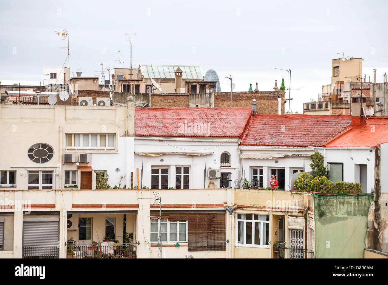 Spanish Houses and Apartments in Barcelona with Red Tile Roofs Stock