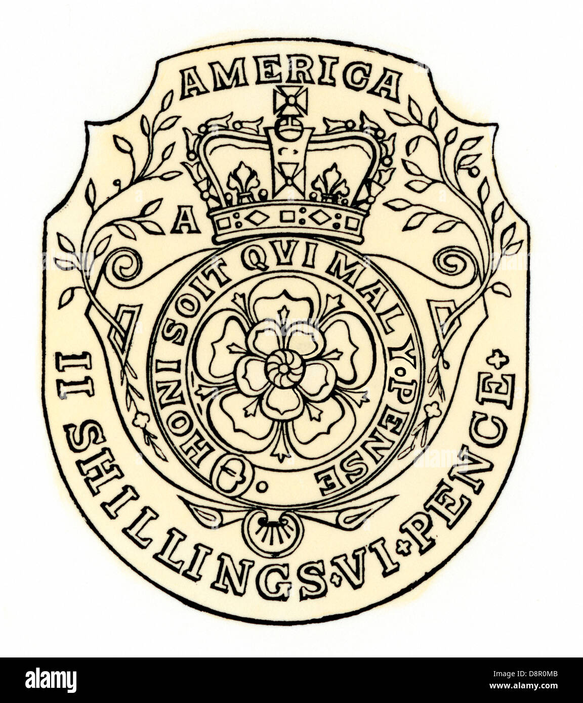 Stamp issued in the Stamp Act, 1765. Hand-colored woodcut Stock Photo