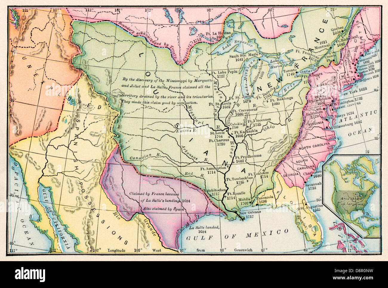 European claims in North America in 1733, when the last English colony , Georgia, was founded. Color lithograph Stock Photo