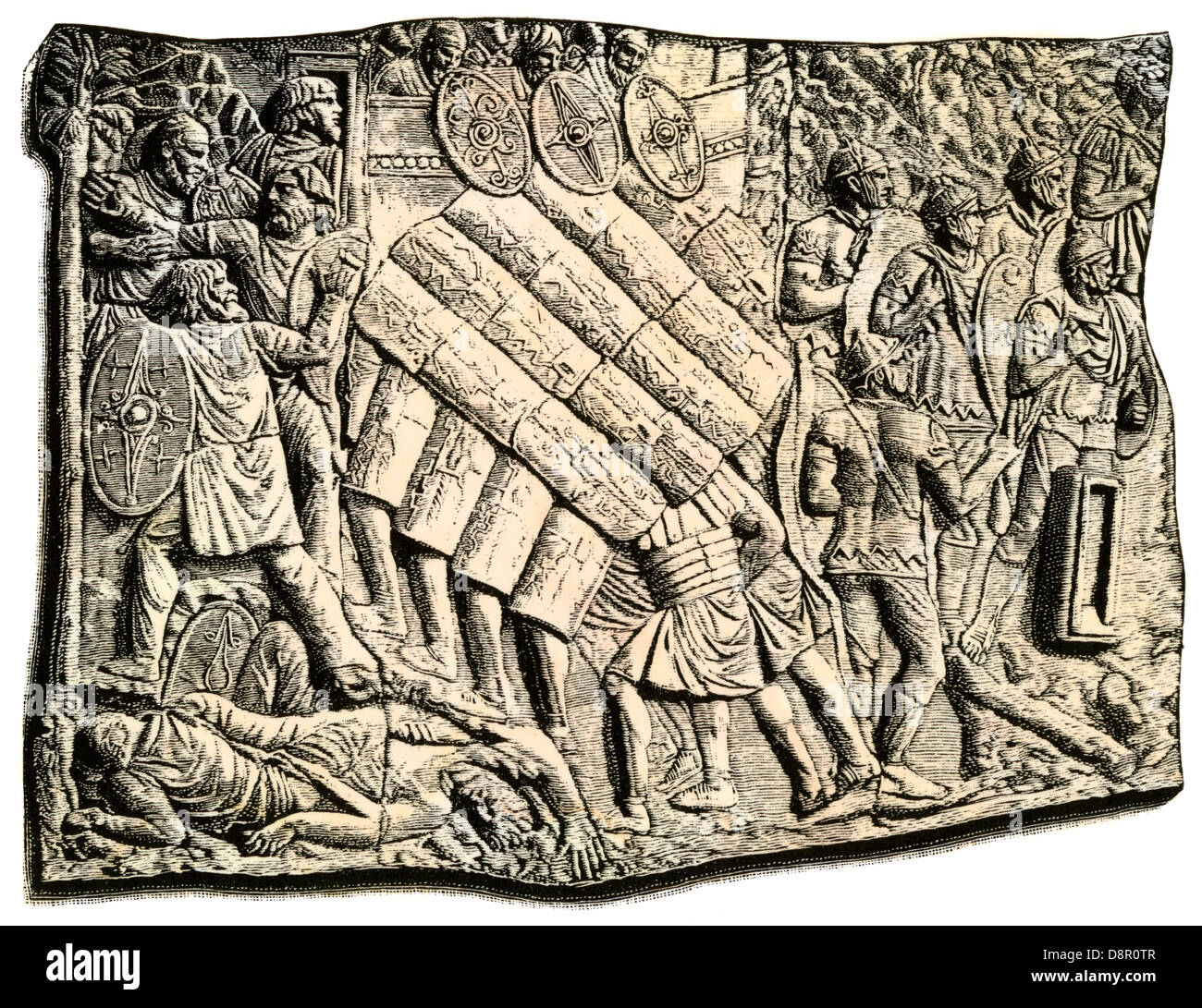 Roman soldiers attacking a German fortress, a detail of the Column of Trajan. Woodcut with a watercolor wash Stock Photo