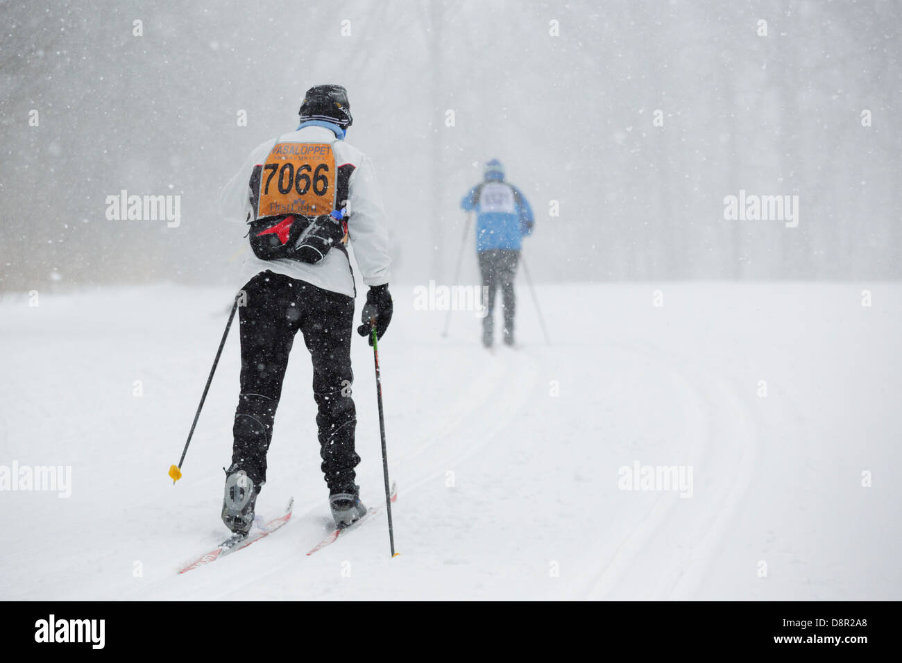 Competitors ski in the Mora Vasaloppet during a snowstorm on February 10, 2013 near Mora, Minnesota. Stock Photo