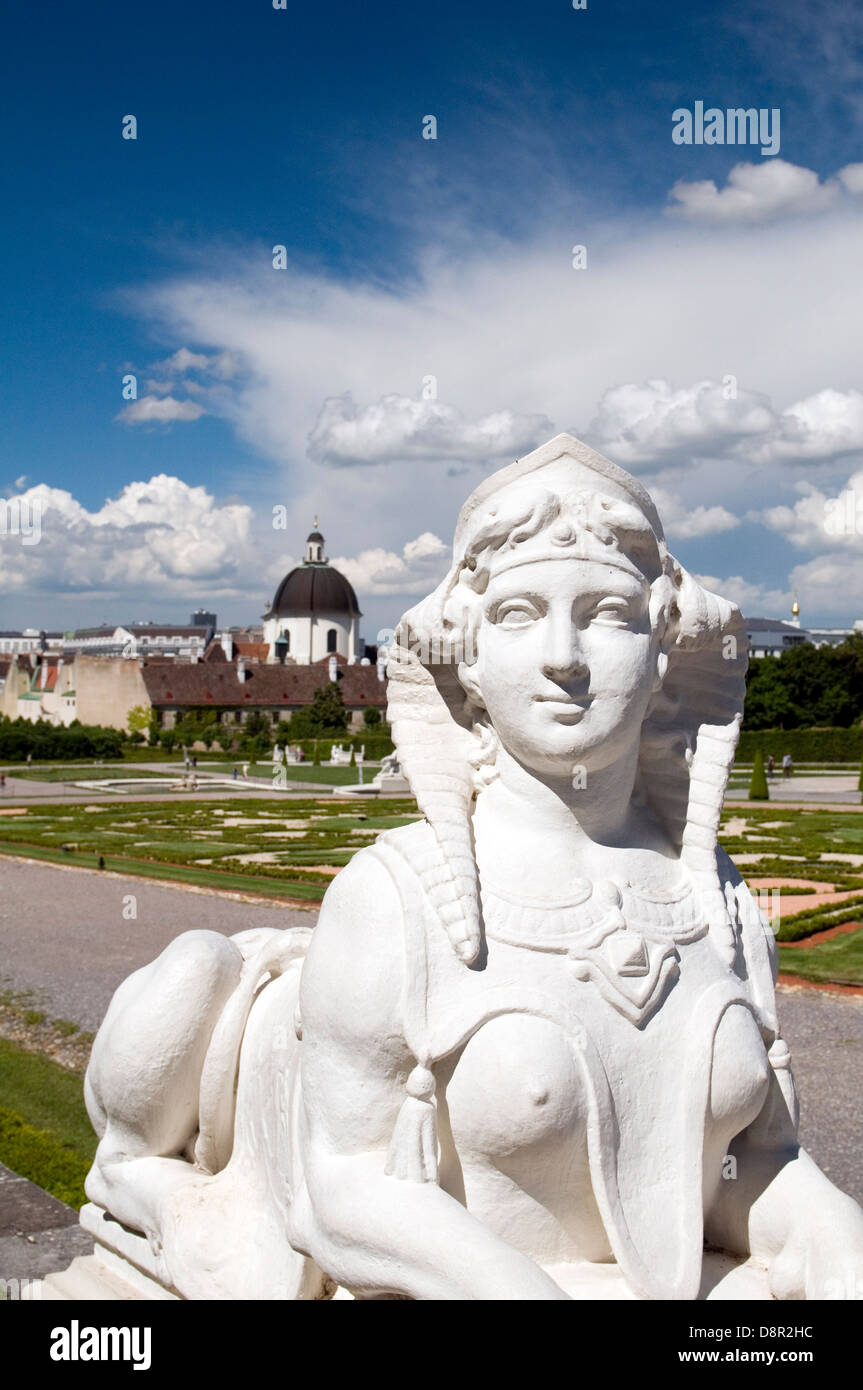 Baroque sphinx statue bust at Belvedere Palace Castle Vienna Austria Europe gardens in background Stock Photo