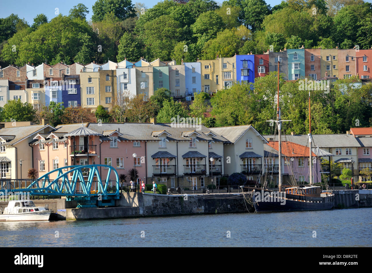 Bristol floating harbour with Hotwells and colourful Clifton Wood houses behind Stock Photo