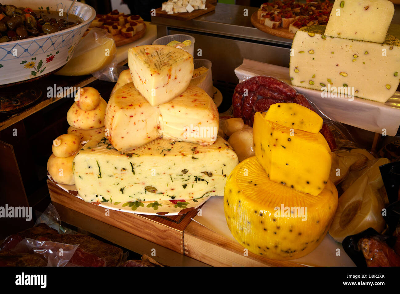 Sicily food - many types of traditional sicilian cheese, food market of Ortigia, Syracuse, Sicily, Italy Stock Photo
