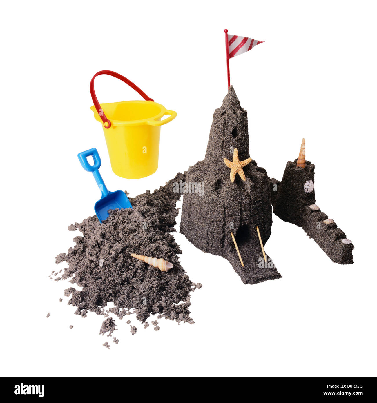 Sand castle with beach toys Stock Photo Alamy