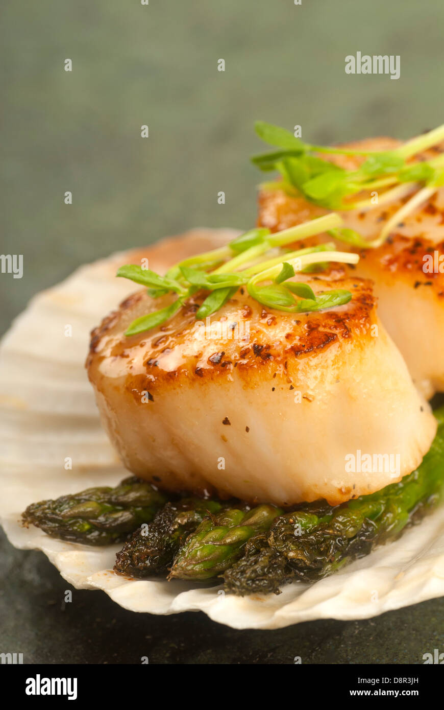 Delicious pan seared sea scallop with asparagus and pea shoots served