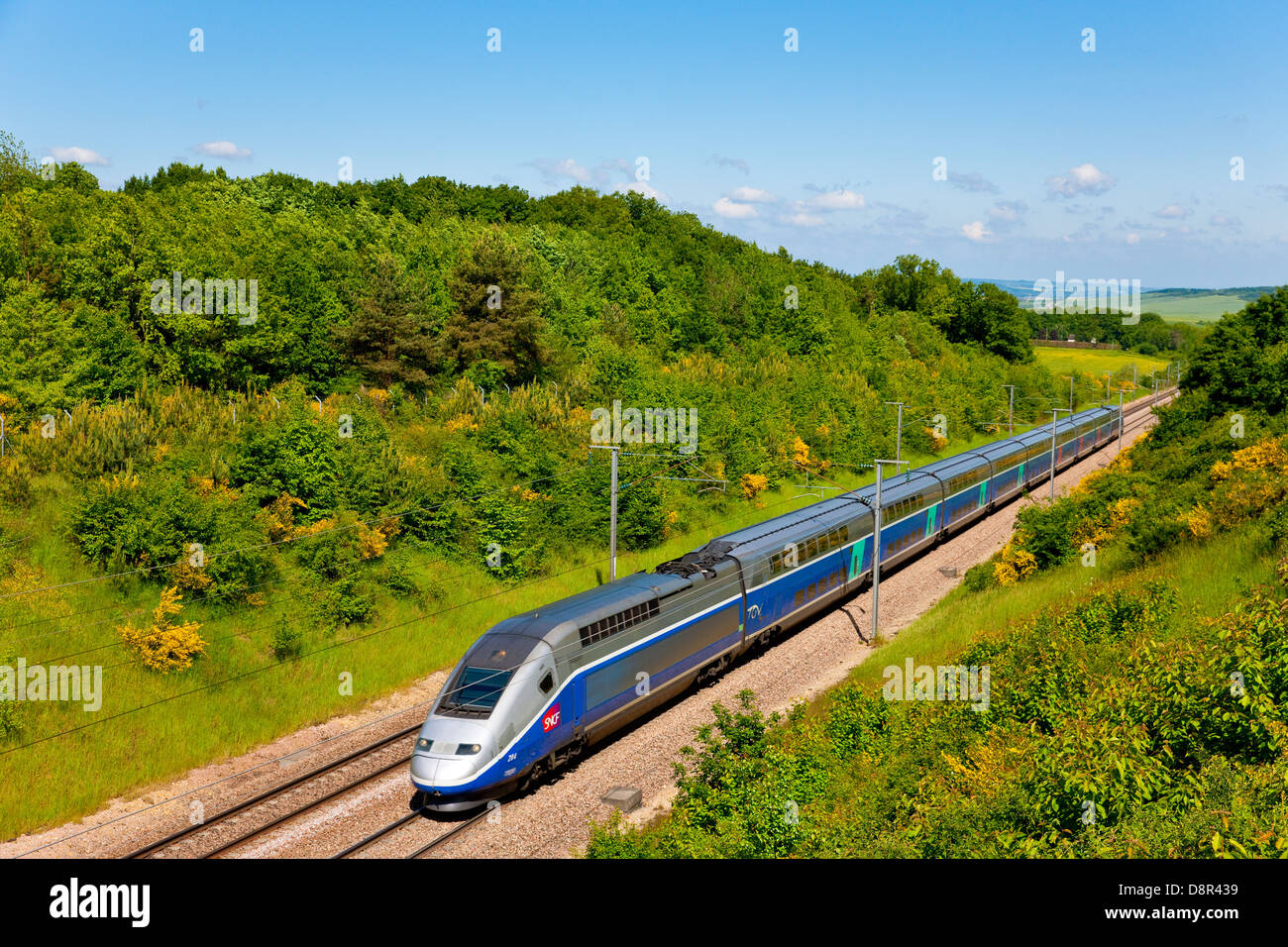 TGV Duplex ( French high-speed rail service ) in the LGV Sud-Est near Sens, France Stock Photo