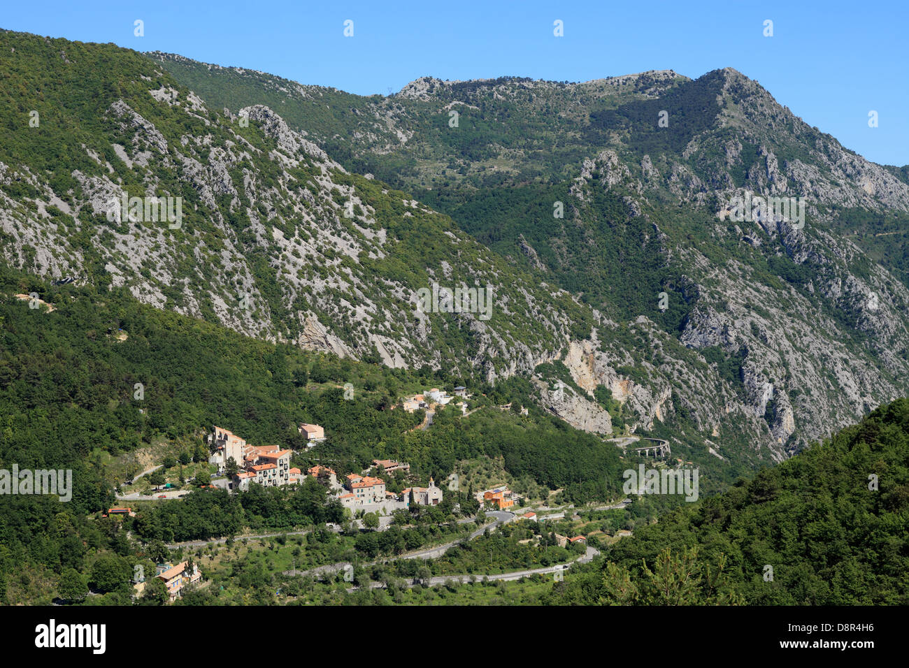 Top view above the medieval French Riviera village of Castillon Stock ...