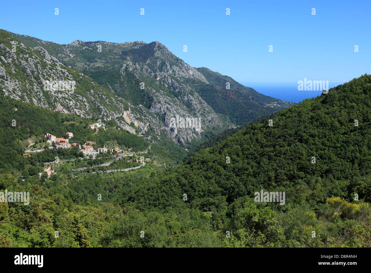 Top view above the medieval French Riviera village of Castillon Stock ...