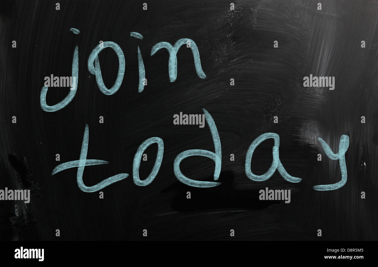 Join today handwritten with white chalk on a blackboard Stock Photo