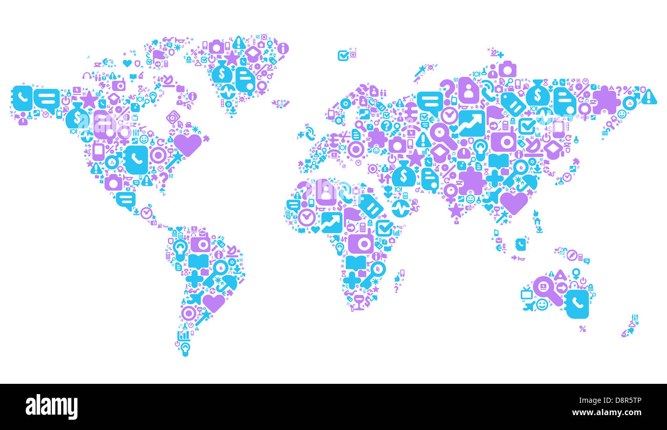 World Map concept. Made of 100 icons set in blue and violet colors ...