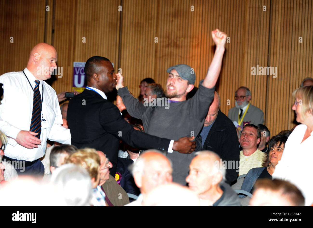Hove, UK. 3rd June 2013. Protesters try to disrupt a meeting with UKIP leader Nigel Farage at Hove town hall tonight Stock Photo