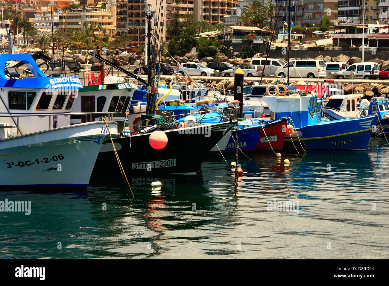 Fishing boats, in the harbour of Arguineguin, Gran Canaria.. Stock Photo