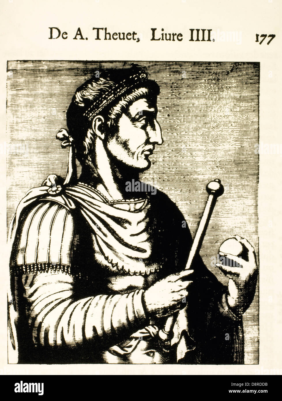 Constantine I or Constantine the Great (272-337), Roman Emperor, Wood cut Portrait by Andre Thevet, 1584 Stock Photo