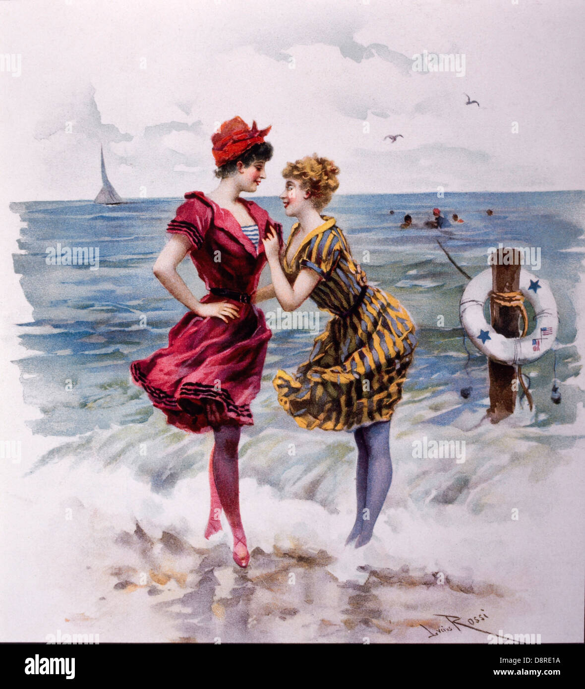 Two Women in Bathing Costumes at the Beach, Illustration by Julius Rossi, Truth Magazine, 1893 Stock Photo