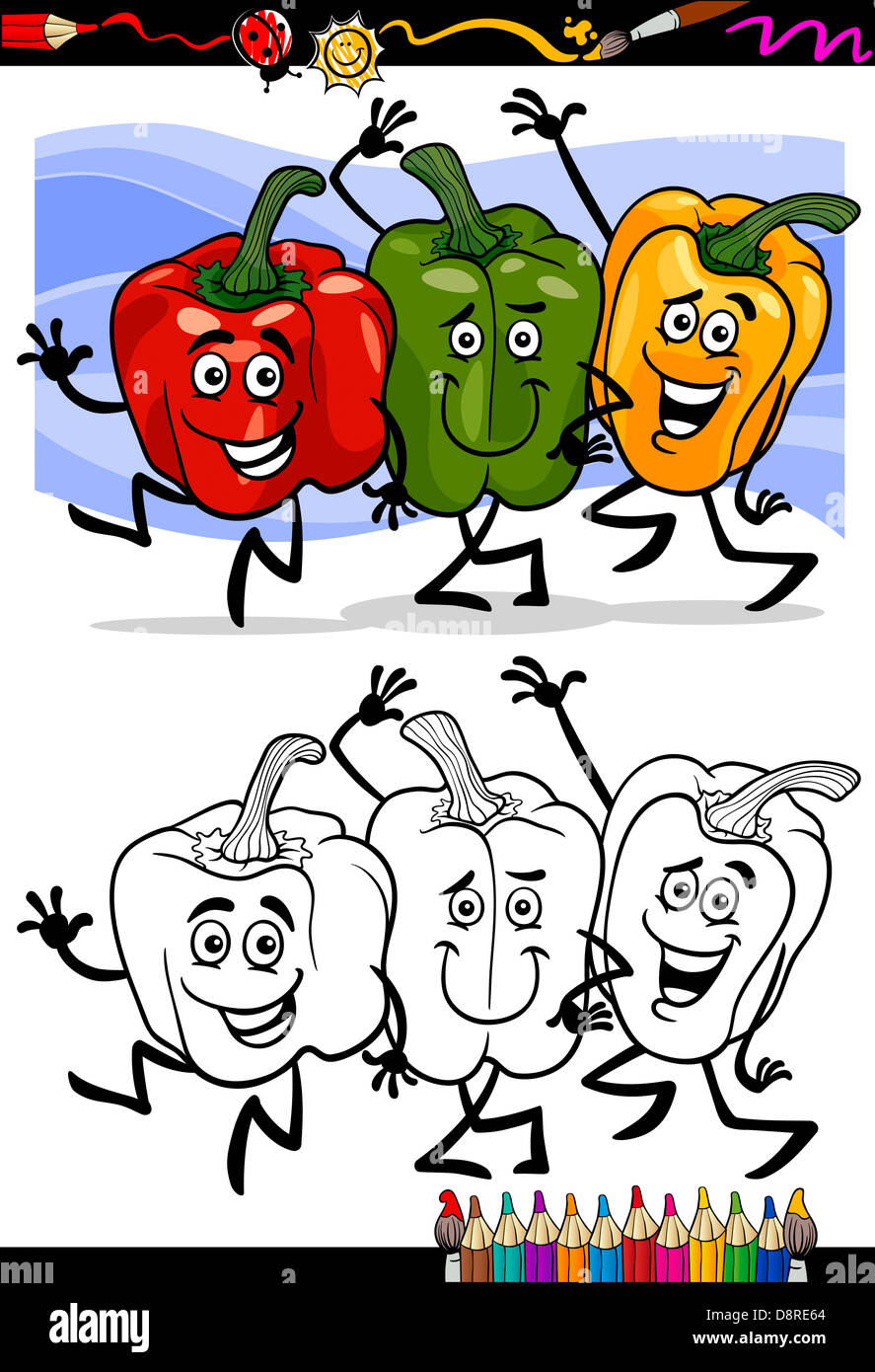 Coloring Book or Page Cartoon Illustration of Three Peppers Vegetables Red and Green and Yellow Funny Food Objects Group Stock Photo