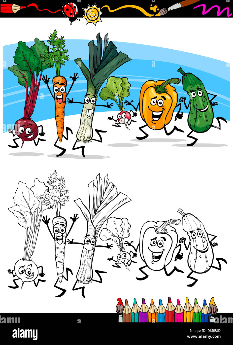 Coloring Book Or Page Cartoon Illustration Of Running Vegetables Funny 