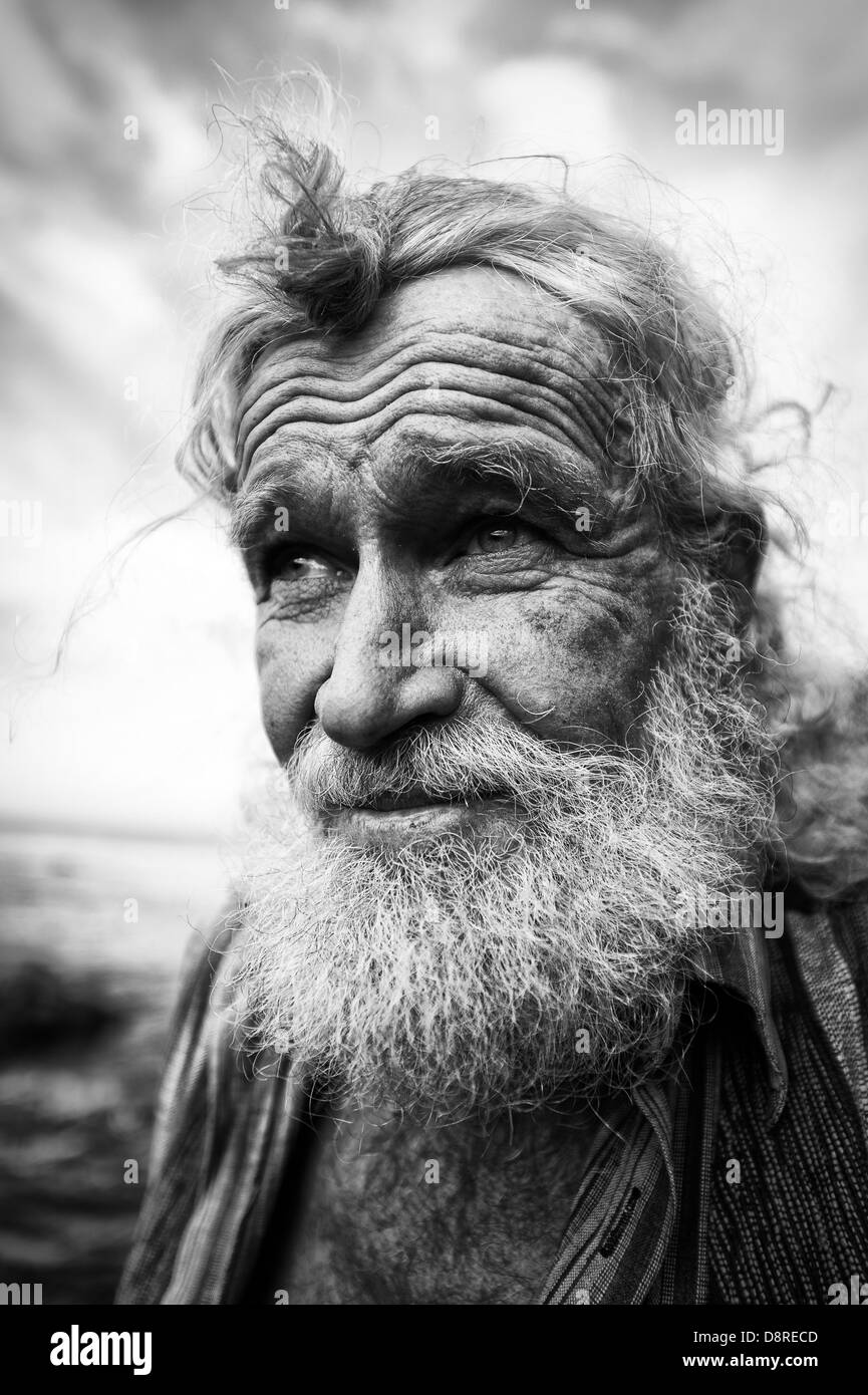 South African living legend, Ben Dekker, actor and philosopher. White bearded man with piercing eyes, black & white portrait. Stock Photo