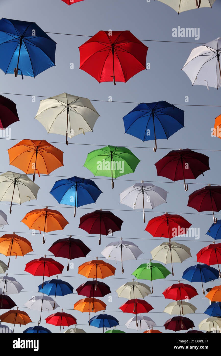 Umbrellas against sky for Ataturk Day, Kaleici, Antalya, Turkey Stock Photo