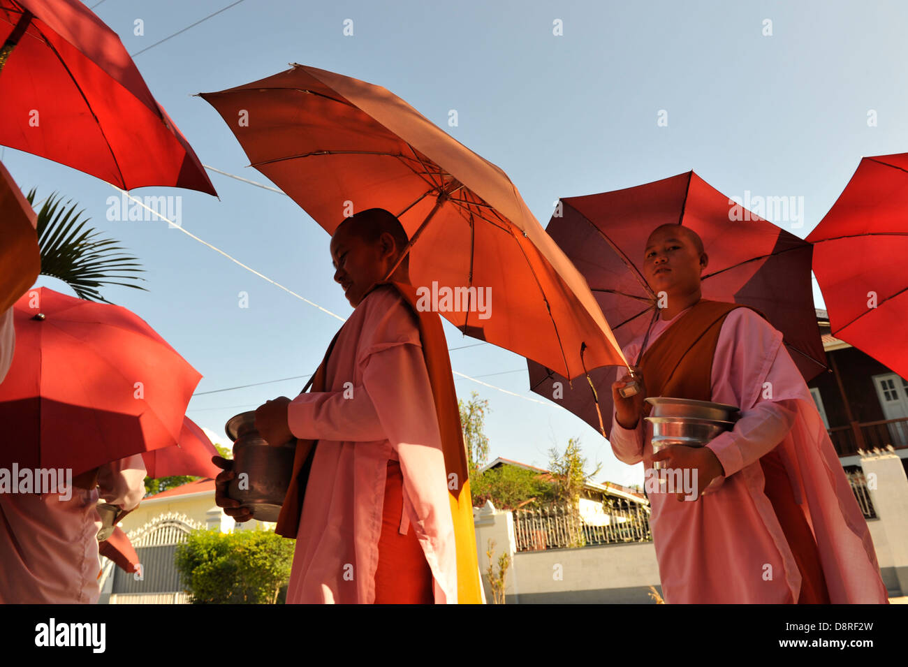 red umbrellas,pink robe Stock Photo