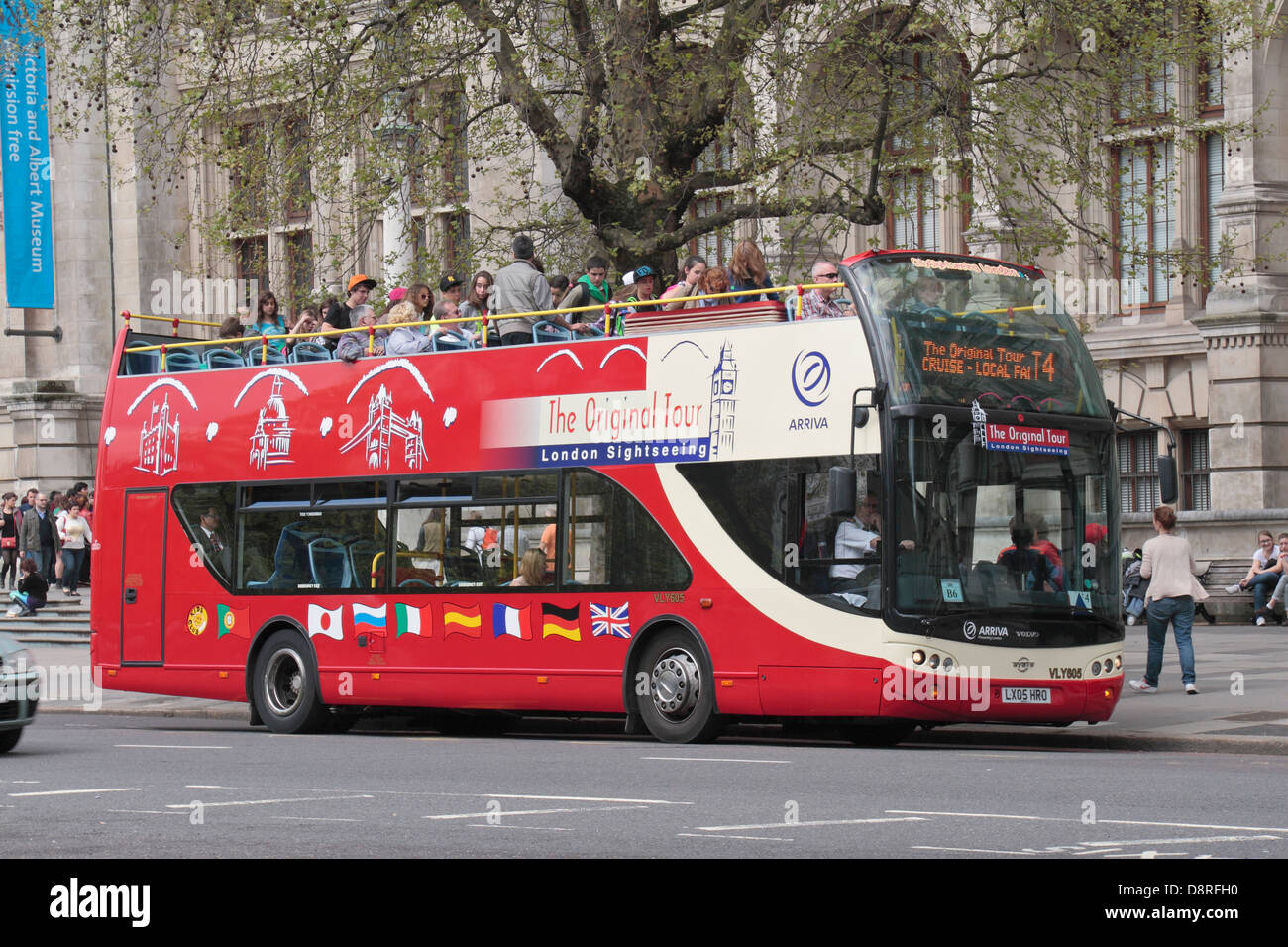 An open top tourist bus (belonging to 'The Original Tour' company) outside the V&A Museum, South Kensington, London, UK. Stock Photo