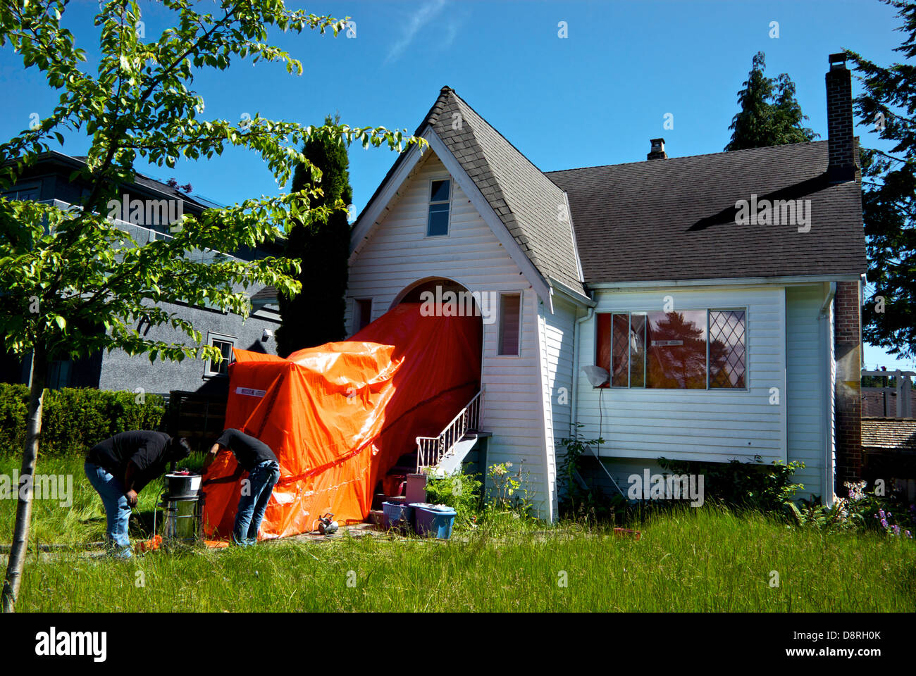 Contractor equipment asbestos removal from airtight sealed old Vancouver house slated for demolition redevelopment Stock Photo