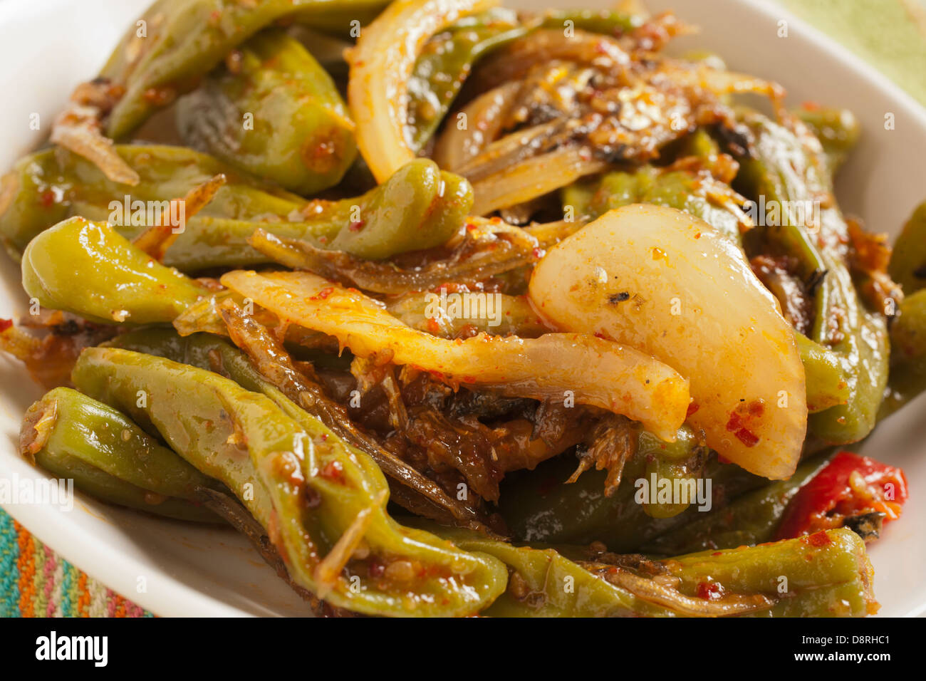 Korean StirFried Peppers and Anchovies, typical banchan dish Stock