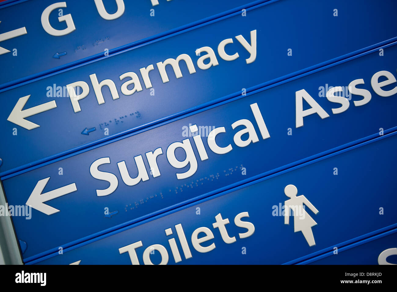 Signage in a modern hospital pointing to a pharmacy, surgical assessment. Stock Photo