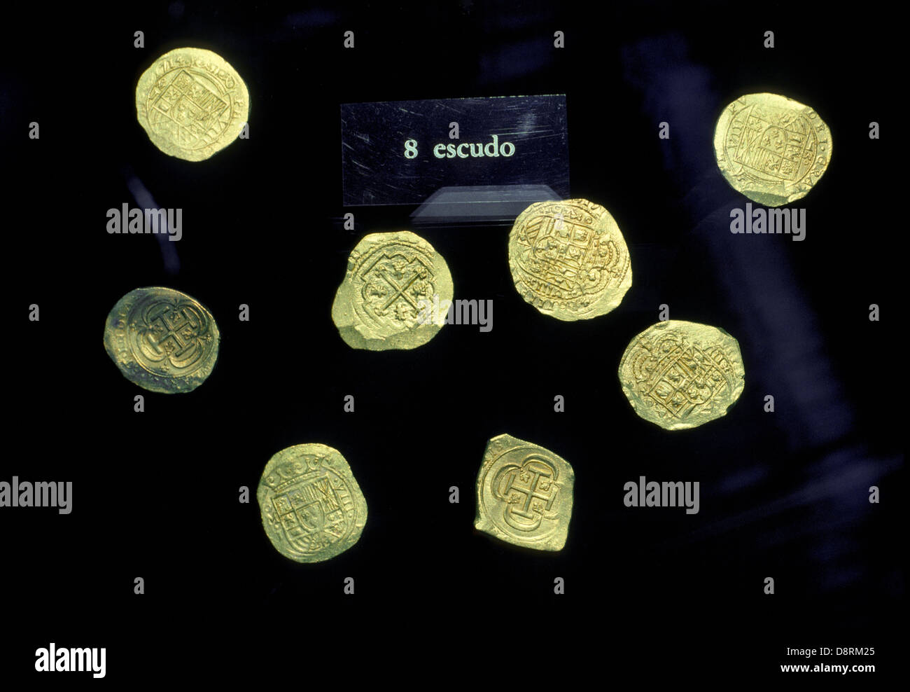 Vintage gold coins recovered from the wreckages of Spanish sailing ships are displayed in the McLarty Treasure Museum at Vero Beach, Florida, USA. Stock Photo