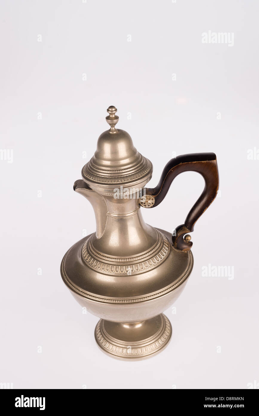 Old pewter teapot with wooden handle isolated on white Stock Photo Alamy