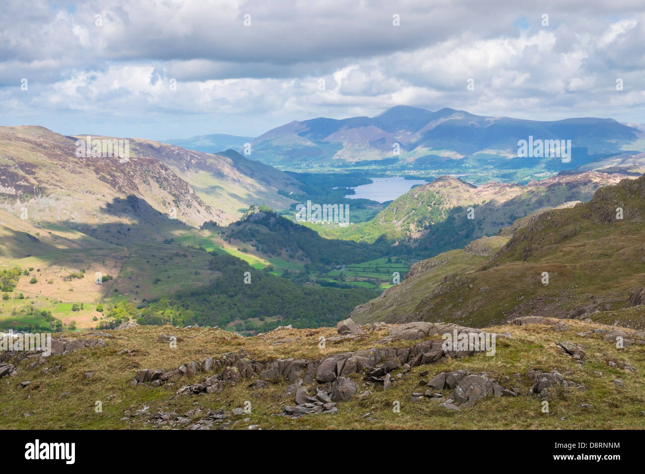Looking out towards Borrowdale Valley, Summit of Skiddaw and Derwent Water from Glaramara In the Lake District. Stock Photo