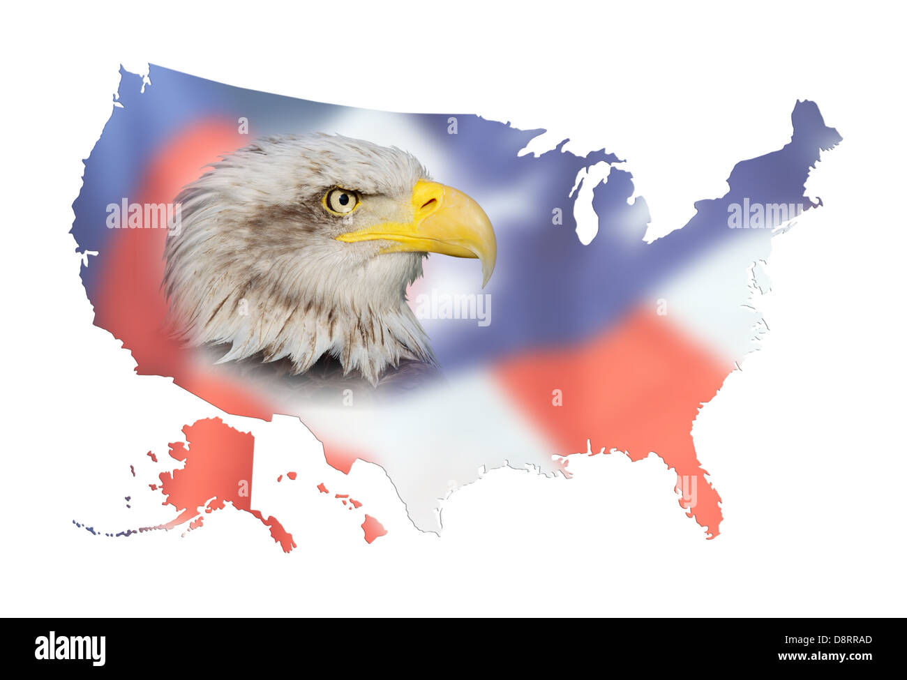 composition with a map ot the united states of america, a flag and a bald eagle Stock Photo