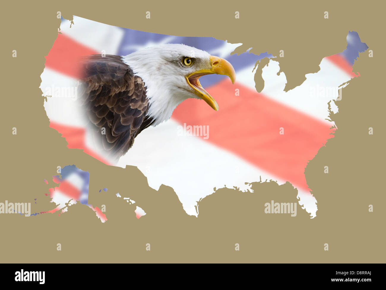 a map of eeuu with a flag background and an bald eagle Stock Photo - Alamy