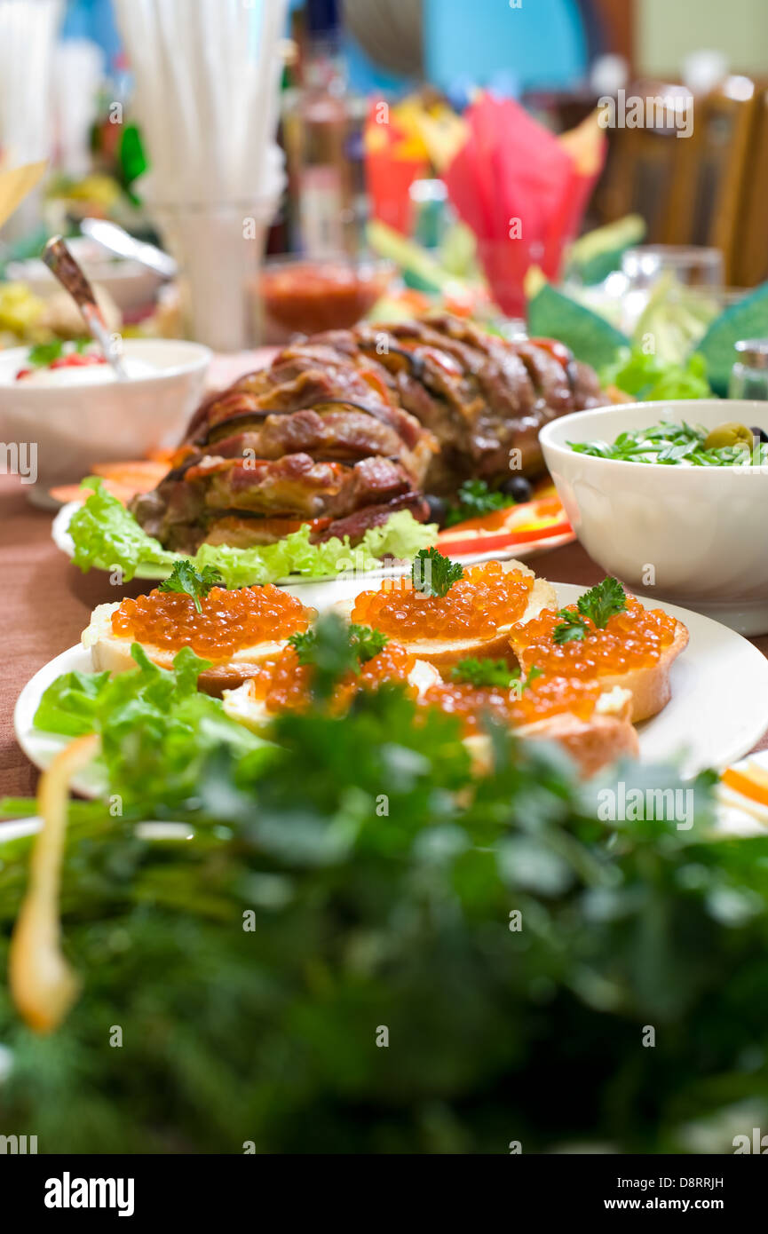 caviar sandwiches on banquet table Stock Photo