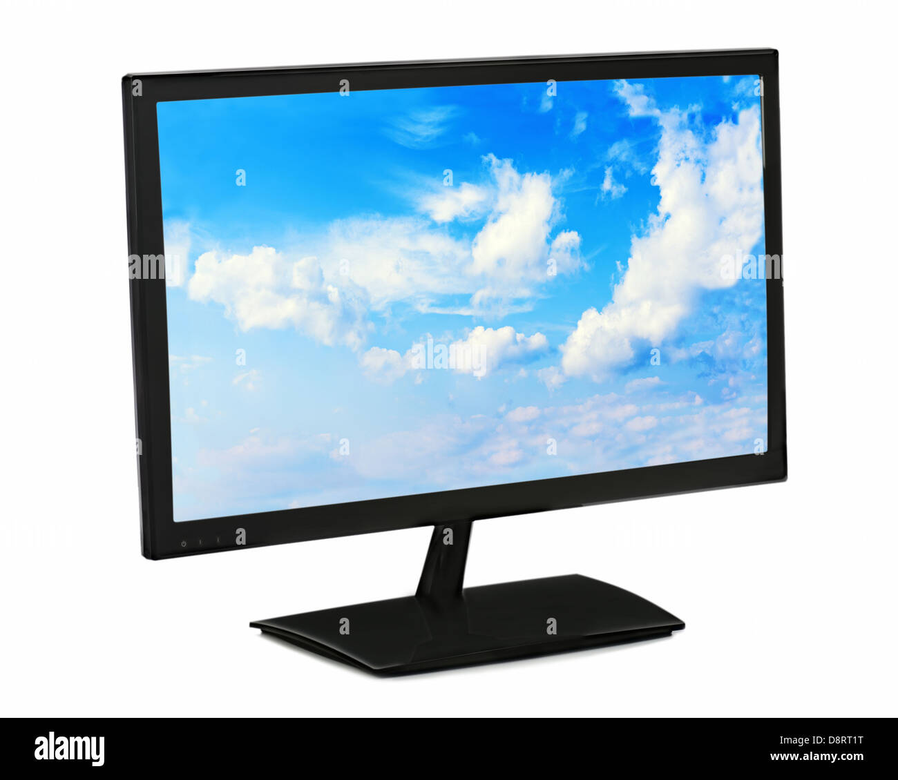 Black lcd monitor with blue sky isolated on white background. Closeup. Stock Photo
